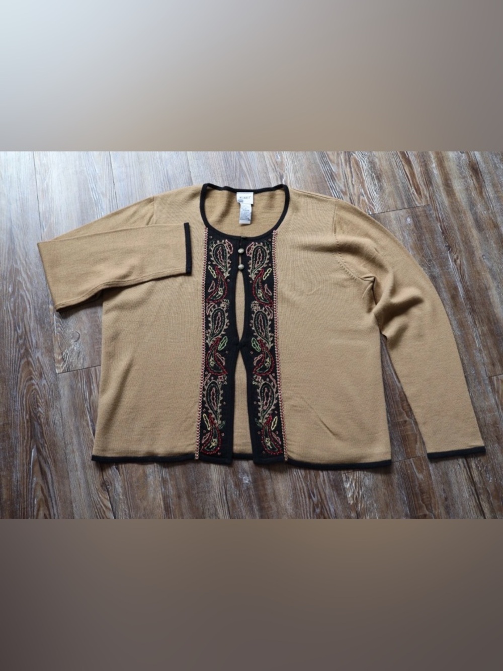 VTG Koret Womens Wool Blend Beaded Paisley Embroidered Boho Cardigan Sweater 1X